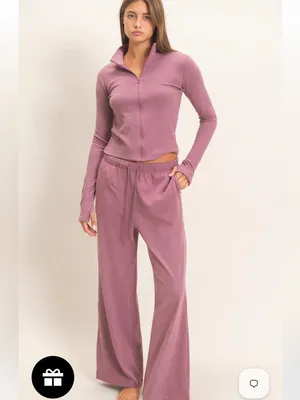 Dusty Mauve Plum Zip Up Top Wide Leg Pants Set Small thumbnail 11