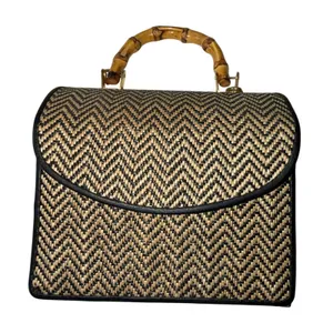 Woven Straw Chevron Zigzag Top Handle Bag with Bamboo Handle Black Tan thumbnail 1