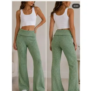 Aerie women’s XS Ribbed Knit High Waisted Flare Pants Green stretch foldover boh thumbnail 2