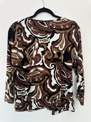 Cato Top Size L Brown White Black Retro Swirl O-Ring V-Neck 3/4 Sleeve thumbnail 4