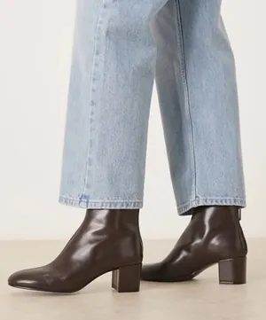 Mango Claro Chocolate Brown Mini Block Heel Leather Round Toe Ankle Boots 8.5 thumbnail 1