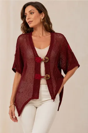 Katie Todd Cardigan Sweater M Medium Lagenlook Boxy Asymmetric Hem Open Knit Art thumbnail 1