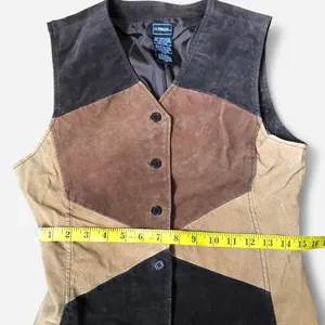 90s Western Boho Patchwork Genuine Leather Suede Brown Black Vest Ranch Rodeo Biker Vintage #Bohemian #Hippie #Indie Sleaze #Streetwear #Festival Grunge Sz M Measurement in pics thumbnail 4