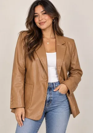 Express Camel Faux Leather Blazer Jacket Plus Size XL NWT Autumn Fall Staple thumbnail 1