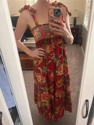 Red floral tie shoulder smocked sundress Size Medium thumbnail 2