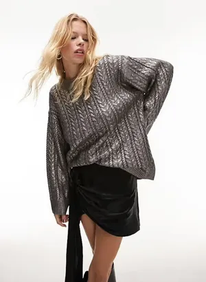 Topshop Premium Womens S Metallic Gray Chunky Knit Oversized Sweater Pullover thumbnail 1