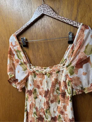 Abercrombie & Fitch Smocked Short Sleeve Floral Ruffle Midi Dress Orange Small thumbnail 7