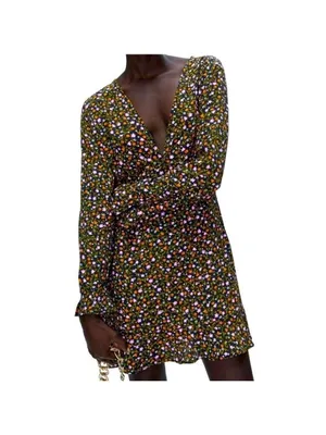 Zara Floral Print Long Sleeve Mini Dress Black Small thumbnail 2