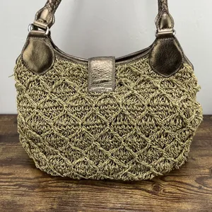 Brighton Woven Jute Gold Leather Buckle Accent Y2K Satchel‎ Purse Vintage thumbnail 3