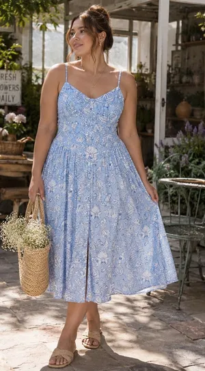 Roller‎ Rabbit Midi Dress Medium Blue White Floral Smocked Button Front NWT thumbnail 1