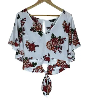 Express Floral Flutter Sleeve Tie Back Crop Top White Red Orange Size M thumbnail 1