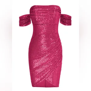 Kate Kasin Glitter Sequin V Neck Ruched Off Shoulder Bodycon Mini Dress M NWT thumbnail 4