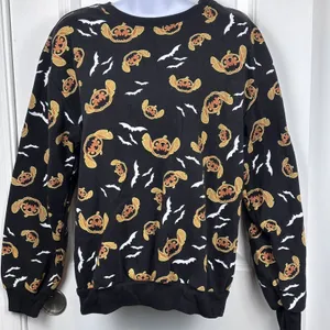 Disney Stitch Black Pumpkin Jack o lantern Bat Sweatshirt Halloween M(7-9) thumbnail 1