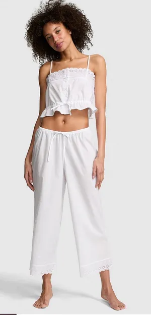 Frankie’s Bikinis White Cotton Eyelet-Trim Camisole & Pants thumbnail 1