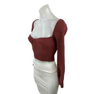 Urban Outfitters Brown Ribbed Knit Long Sleeve Bustier Corset Crop Top Size M thumbnail 2