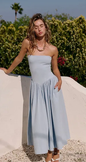 FREE PEOPLE NWT Onda Drop Waist Tube Midi Dress Ballad Blue thumbnail 3