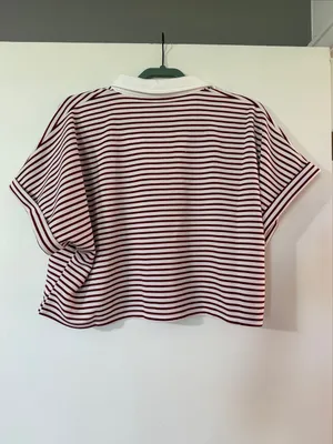 Zenana Outfitters Burgundy & White Striped Cropped Polo Tee and shorts set thumbnail 4