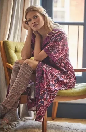 Alexandra Farmer ANTHROPOLOGIE Whimsy Flannel Sleep Dress Floral Butterfly M thumbnail 1
