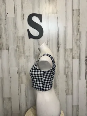 C-Mode Gingham Plaid Square Neck Crop Top Womens S Navy Blue White Tank thumbnail 2