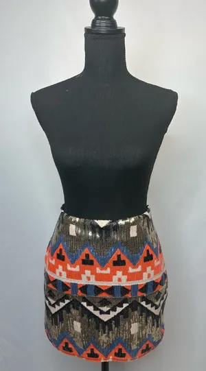 Forever 21 Sequin Mini Skirt Black Multicolor Aztec thumbnail 1