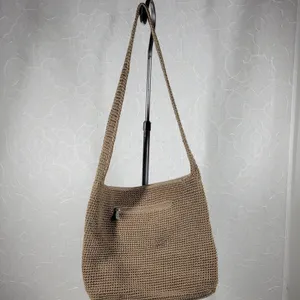 Vintage Sak Crochet Shoulder Bag 10" Dark Tan Nylon Ladies Handbag Pockets thumbnail 2