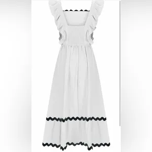 NEW White Flutter Sleeve Square Neck Rickrack Tiered Pockets Midi Lined Dress XL thumbnail 5