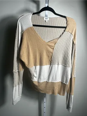 S245. BKE Two-Tone Tan and Cream Patchwork Ribbed V-Neck Sweater-large thumbnail 1