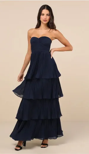 Lulus Navy Blue Strapless Tiered Maxi Dress thumbnail 1
