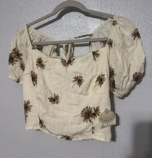 Altar'd State Floral Puff Sleeve Crop Top Cream Sage Green Cottagecore Boho S thumbnail 1