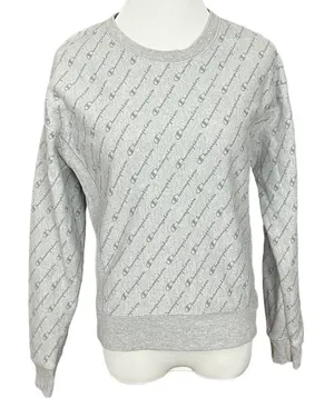Champion Reverse Weave Gray AOP Spell Out Crewneck Sweatshirt S thumbnail 1