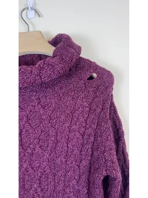 Aran Sweater Market 100% Merino Wool Cable Knit Cowl Neck Purple Sweater M thumbnail 7