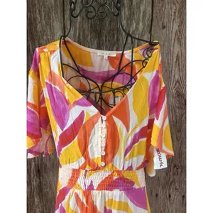 Abel‎ the Label Anthropologie Size XS Swish Hi Lo Dress Orange Pink Smocking thumbnail 3