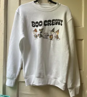 Peanuts Snoopy White Crew Neck Sweater S Halloween Boo Crew Witchy Pumpkin Patch thumbnail 1