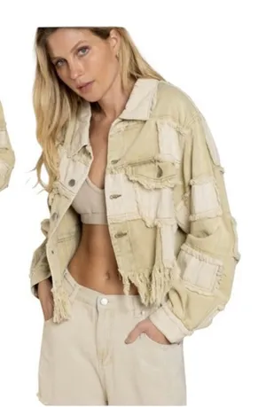 POL Patchwork Fringe Jacket Mixed Media Cropped Boho Raw Edge Button Front Small thumbnail 1