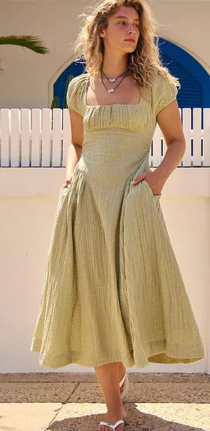 Free People Ciara Pucker Check Midi Dress Olive Sage Large NWOT thumbnail 1