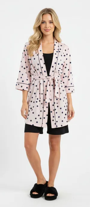 Kate Spade Pink & Black Polka Dot Print Short Belted Bath Robe M thumbnail 1