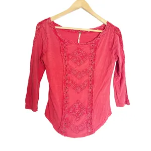 Free People Truly Madly Red Crochet Lace 3/4 Sleeve Boho Cotton Top Size Small thumbnail 2