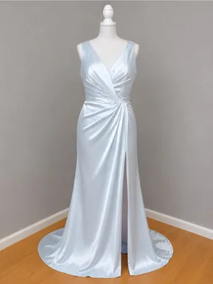 #225 Pale blue satin gown V-Neck Pleated Side Slit A-line Dress-XL/Size 14/16 thumbnail 5