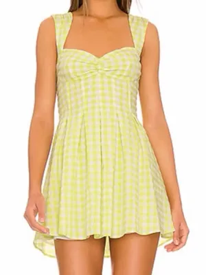 For Love & Lemons August Mini Dress Medium Lime Green White Gingham thumbnail 1
