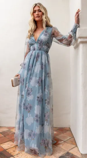 NWT Baltic Born Layla Tulle Maxi Long Sleeve V-Neck Dress Light Blue Floral XL thumbnail 1