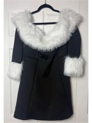 Womens Black Off Shoulder Faux Fur Trim Mini Dress Size XL Fit Flare Long Sleeve thumbnail 8