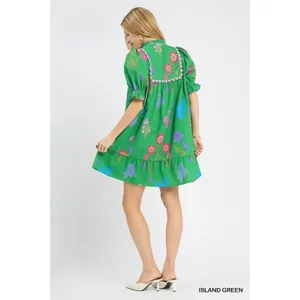 Umgee Multi Flower Print V-Neck Dress - Island Green - Medium thumbnail 3