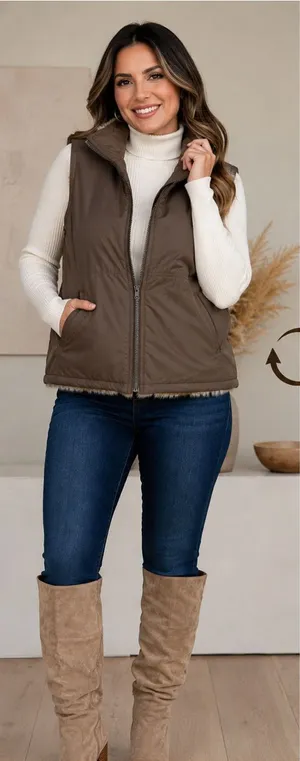 Weatherproof Reversible Faux Fur Vest Brown Beige Size M thumbnail 1