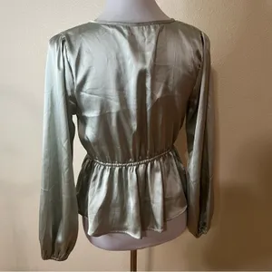 Abercrombie & Fitch Silver Sage Green Tie Front Satin Peplum Blouse SMALL thumbnail 5