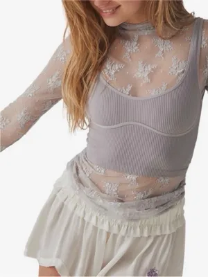 Free People Lace Luxe Sheer Layering Top Mock Neck Light Gray Size XS Feminine thumbnail 1