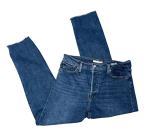 Levi's Wedgie Straight Jeans‎ Womens 32 Blue Good Distressed Raw Hem Button Fly thumbnail 1