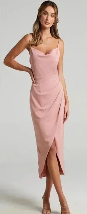Showpo‎ Dazzling Lights Cowl Drape MIDI Dress Pink Peach Satin Size 6 US 0209 thumbnail 1