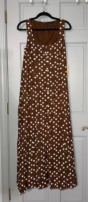 Halogen Brown Maxi Dress with White Polka Dots small flaw inside linen blend thumbnail 1