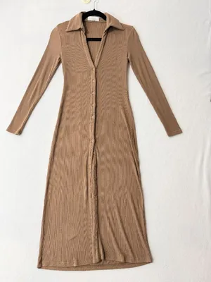 Lucca Brown Ribbed Long Sleeve Button-Down Midi Dress With Collared Neckline S thumbnail 9