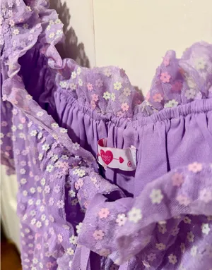 Buddy Love “Jac Puff” Sequin Purple Dress | M | Like-new Lavender Floral Overlay thumbnail 12